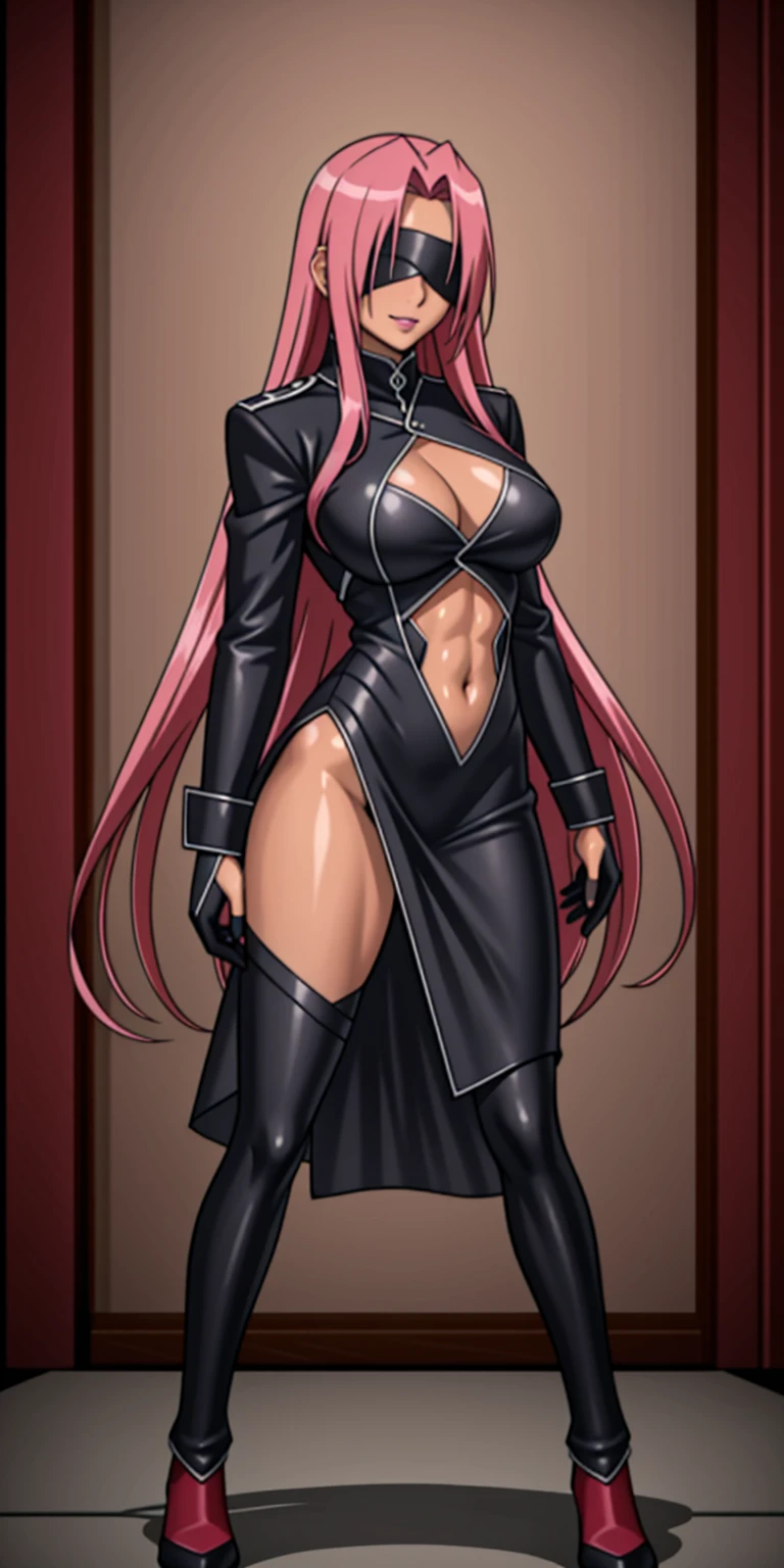 (masterpiece, HI quality: 1.1) 1girl full body standing good face, nice ass, hairstyle: braid, Color Hair: PINK long hair, Blindfolded: NO EYES, Skin: White (porcelain skin, sparkly skin), muscular, thighs, Mature woman, Abs, looks at the viewer smiling, extremely huge breasts, maternal, chest cover with clothes (Hell knight ingrid (anime style) Demon Knight Ingrid (OVA))