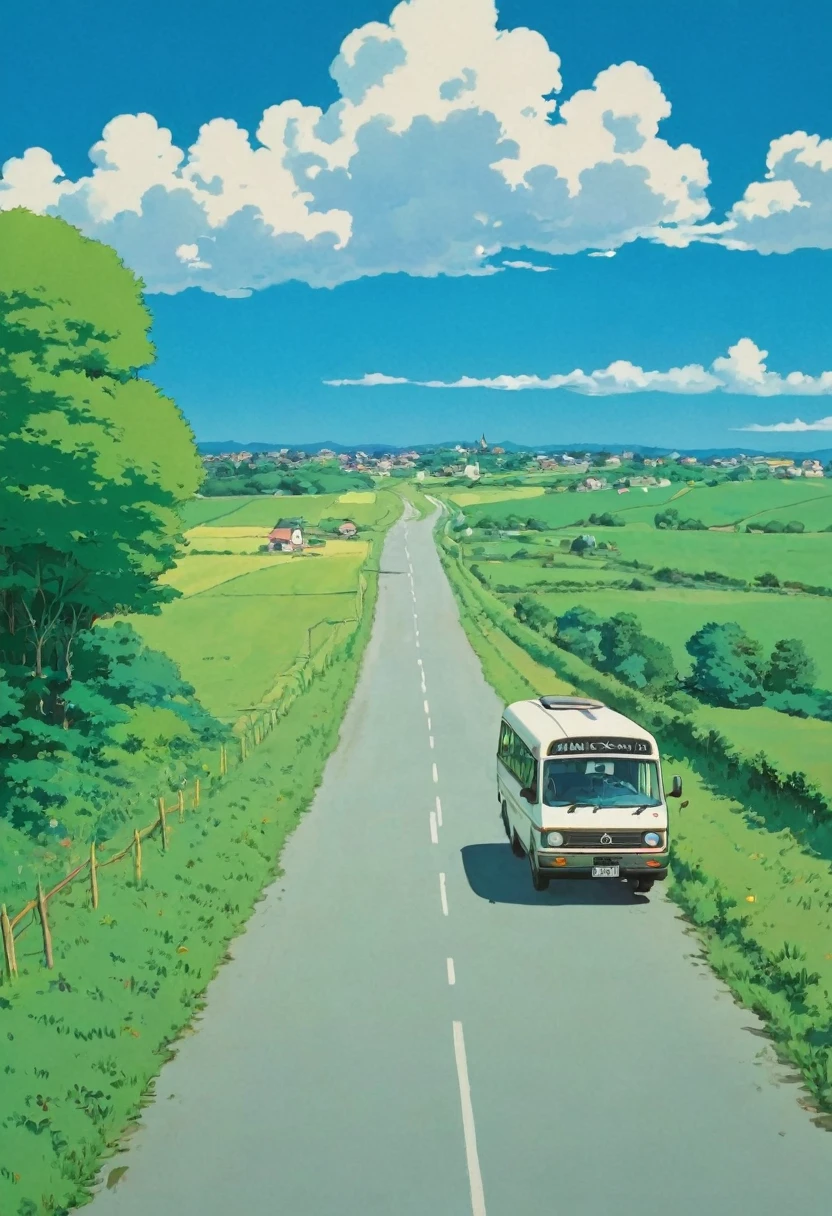 (Minimalism:1.4), There is a minibus on the road, Studio Ghibli Art, Miyazaki, Pasture with blue sky and white clouds
