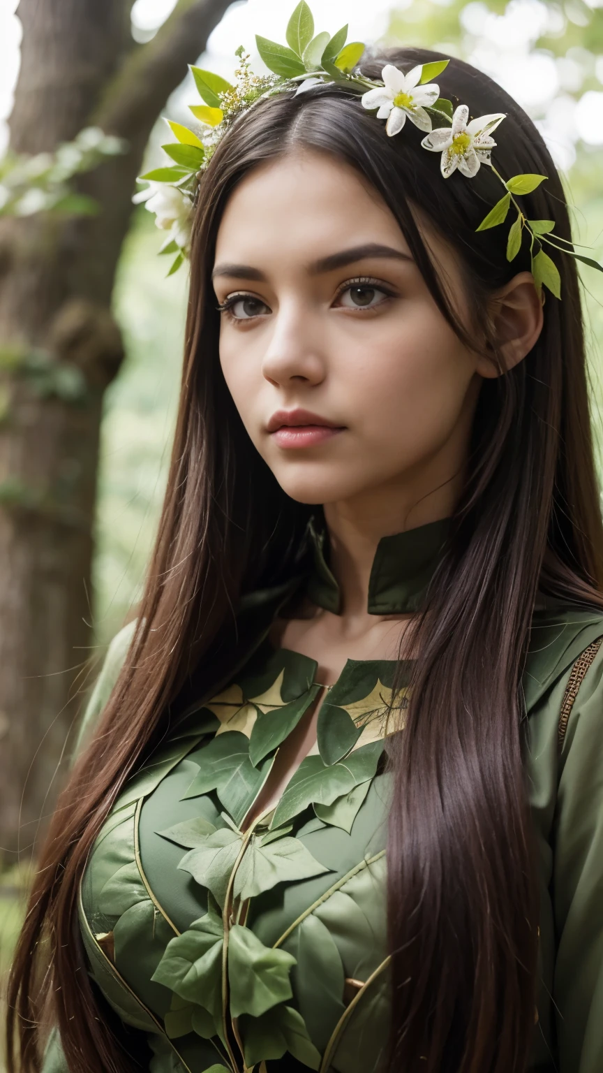 (close up headshot), Masterpiece, best quality, ((medieval)), (inside a flowering forest), moonlight, BREAK ((clothes made out of leaves)), flower crown, ((druid)), (fantasy), vines, flowers, ((wearing only leaves, vines, and flowers)), BREAK colorful leaves and flowers growing from hair, dungeons and dragons, BREAK long hair, (straight hair), pale skin, fair skin, white skin, large breasts, BREAK, paulina seikola