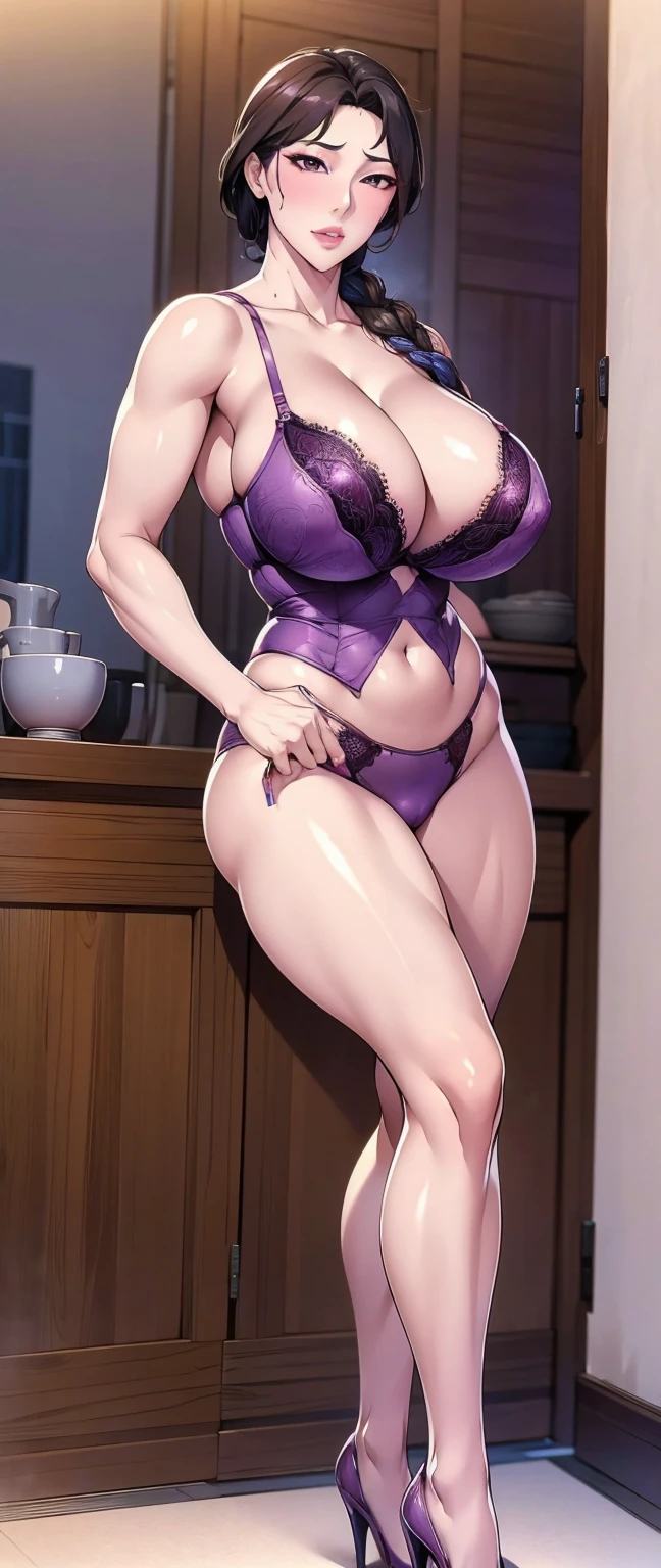 Cao Meijing,wearing purple sexy bra, Medium sized breasts, (((Cleavage)))8K high quality,4K, long leg, full boy view, erotic standing pose, high heel.