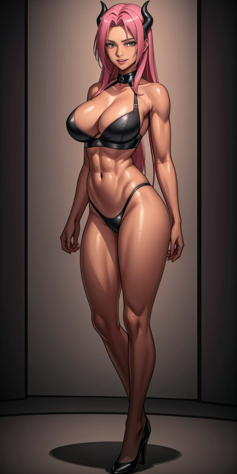 1 full length girl standing, good ass, maid of honor, Hairstyle with a white braid, white hair, blind, perfect lighting, muscular, thighs, mature woman, Mummy, belly button, ABS, look at the viewer (masterpiece, high quality: 1.1) smile, Extremely huge breasts, maternal, Porcelain skin, Extra long hair, shiny skin, good face, oni horns