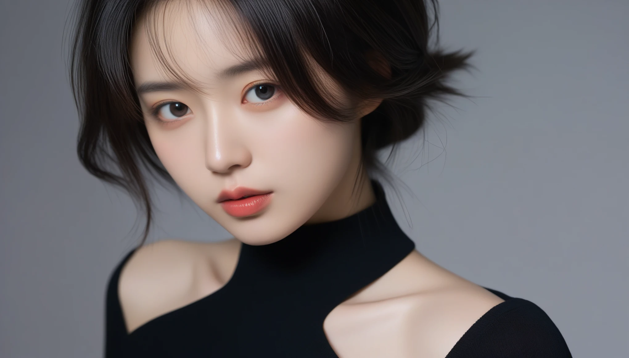 8k, Ultra-high resolution, Highest quality, masterpiece, 三分割法によるphotograph,Surreal, photograph, 1 Girl, (:1.3), pretty girl, Cute Face, Beautiful eyes in every detail, 細かくdetailedに,masterpiece,One Girl:1.2, Japan Female Announcer,upper body,from below,sad,streaming tears,Black short hair,Messy hair,(black suit:1.3),mourning clothes,(印象派の美しい少女のPortraiture), (Gray background:1.3),(Impressionist light and colour),Realistic Skin, Perfect and beautiful face ,完璧でCute Face, Skin with attention to detail, Perfect limbs、Narrow waist,Looking at the audience、beauty,Long neck,clavicle,(((Ideal body type))),A cup small breasts :2,Portraiture:2,Perfect Anatomy,鮮明なdetailed,detailed,Surreal,Light and shadow,underlighting