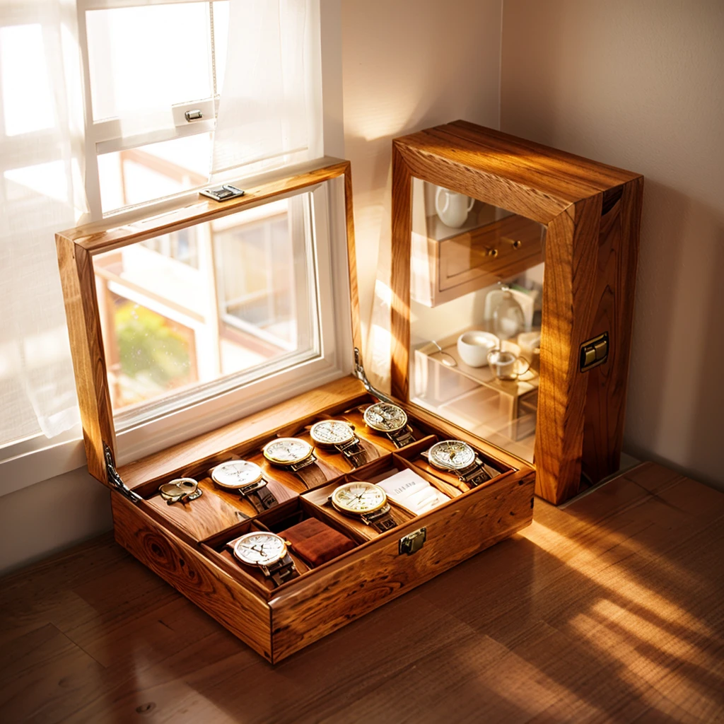 In this cozy room,A ray of sunlight shone through the half-drawn curtains on the table,Let the wood grain on the watch storage box shine with a faint luster。There was a calm and peaceful atmosphere in the air around them。There are several still lifes hanging on the walls of the room,It adds a touch of elegance to the space。And on the other side of the room,The half-open window lets in the breeze,The pages on the small desk by the window turned in the wind,This quiet scene gives a sense of tranquility and comfort。