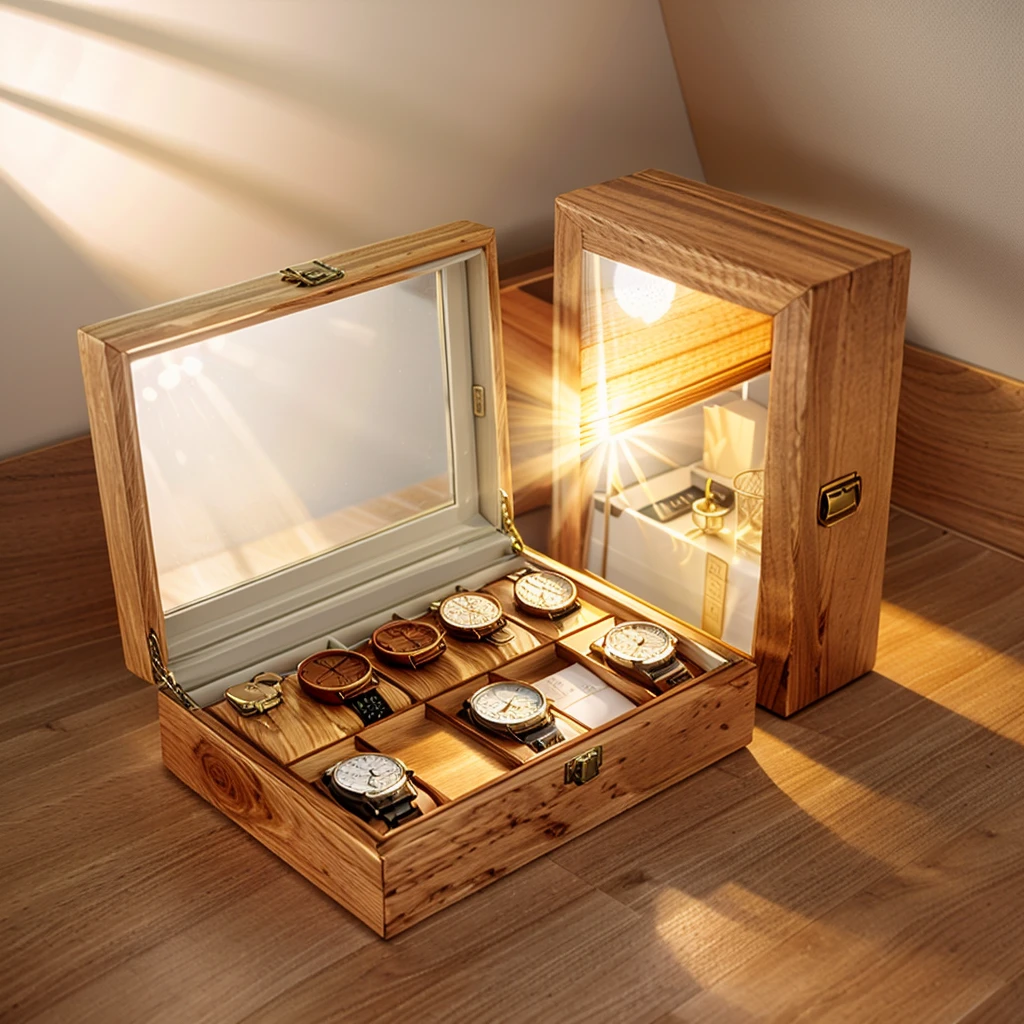 In this cozy room,A ray of sunlight shone through the half-drawn curtains on the table,Let the wood grain on the watch storage box shine with a faint luster。There was a calm and peaceful atmosphere in the air around them。There are several still lifes hanging on the walls of the room,It adds a touch of elegance to the space。And on the other side of the room,The half-open window lets in the breeze,The pages on the small desk by the window turned in the wind,This quiet scene gives a sense of tranquility and comfort。