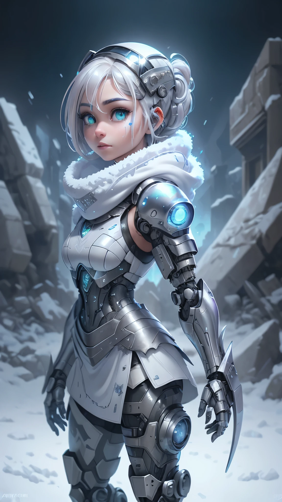 (The best quality,A high resolution,ultra - detailed,actual),Ariana Grande wearing a helmet and a scarf with a camera attached to it, dystopian sci-fi character, cyberpunk statue, cyberpunk nun warrior, (dystopian scifi gear:1.4) ,(white gray hair :1.4), scifi character, sci - fi character, hyper-realistic cyberpunk style, cyberpunk helmet, (fashionable cyberpunk mechanoid:1.4) , zbrush central contest winner, cyberpunk style ， hyperrealistic, ,(Ruined dungeon ruins background:1.4 ), epic fantasy art style hd, 4K fantasy art, epic fantasy digital art style, epic fantasy art style, Fantasy Woman, epic fantasy art portrait, Epic fantasy style, hyperrealistic fantasy art, hd fantasy art, epic fantasy character art, epic fantasy art, in style of dark fantasy art, epic fantasy digital art, (cinematic lighting :1.4),( face detailed :1.4),( Ariana Grande :1.4),( He has a camouflage white military helmet plomo metallic transparent :1.4), (frozen snow background falling :1.4),( large stones frozen ice :1.4), (falling snowflakes :1.4), (cowboy pose), (mini skirt white cyborg transparent :1.4),( war battle playing field background :1.4), (an alien invasion at the bottom :1.4), (armadura alienígena white Cyborg plastic transparent :1.4), (transparent visible circuits :1.4) 