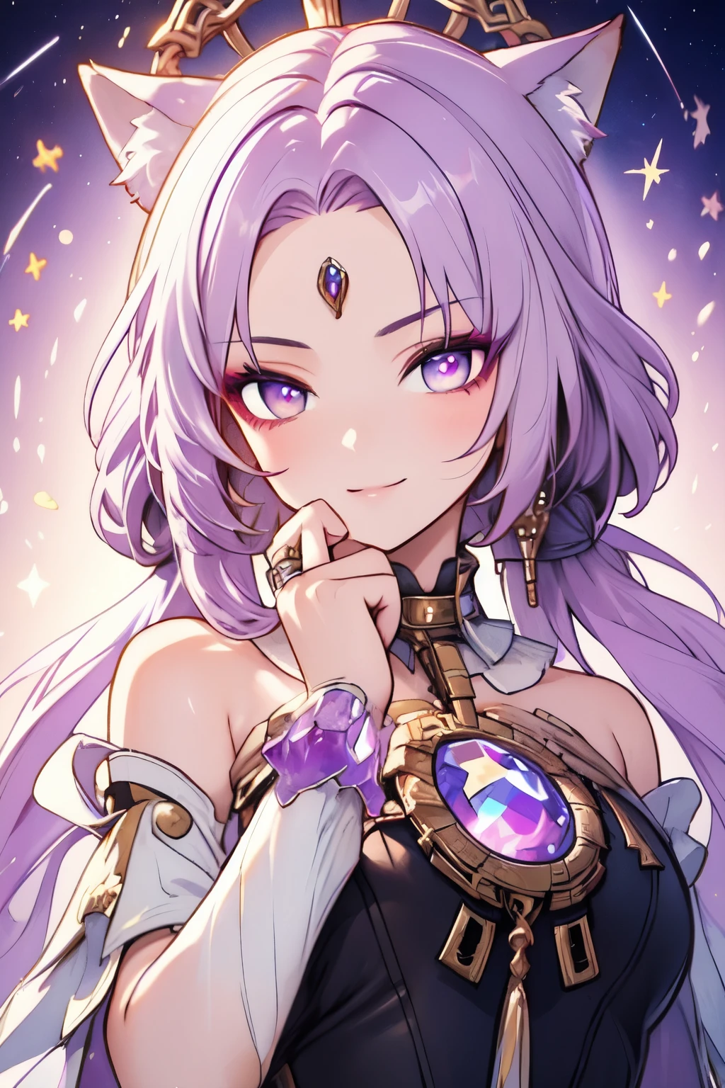 ((best quality)), ((masterpiece)), (detailed), detailed eyes, detailed hands, body image from the waist to above and over her head, humanoid kitsune, starry crystal crown on top of head, light purple hair, light purple fox ears, starry eight-point crystal star on forehead, delicate and beautiful detailing, beautiful face, well-proportioned detailed eyes, round detailed eyes and makeup, beautiful detailed and clear eyes, volume smooth and sharp, long flat bangs, fictional art, best photos, best quality, best photos, very beautiful and meticulous starry eight-point crystal star shape on forehead, delicate, mouth closed smile, not fully smiling, starry background