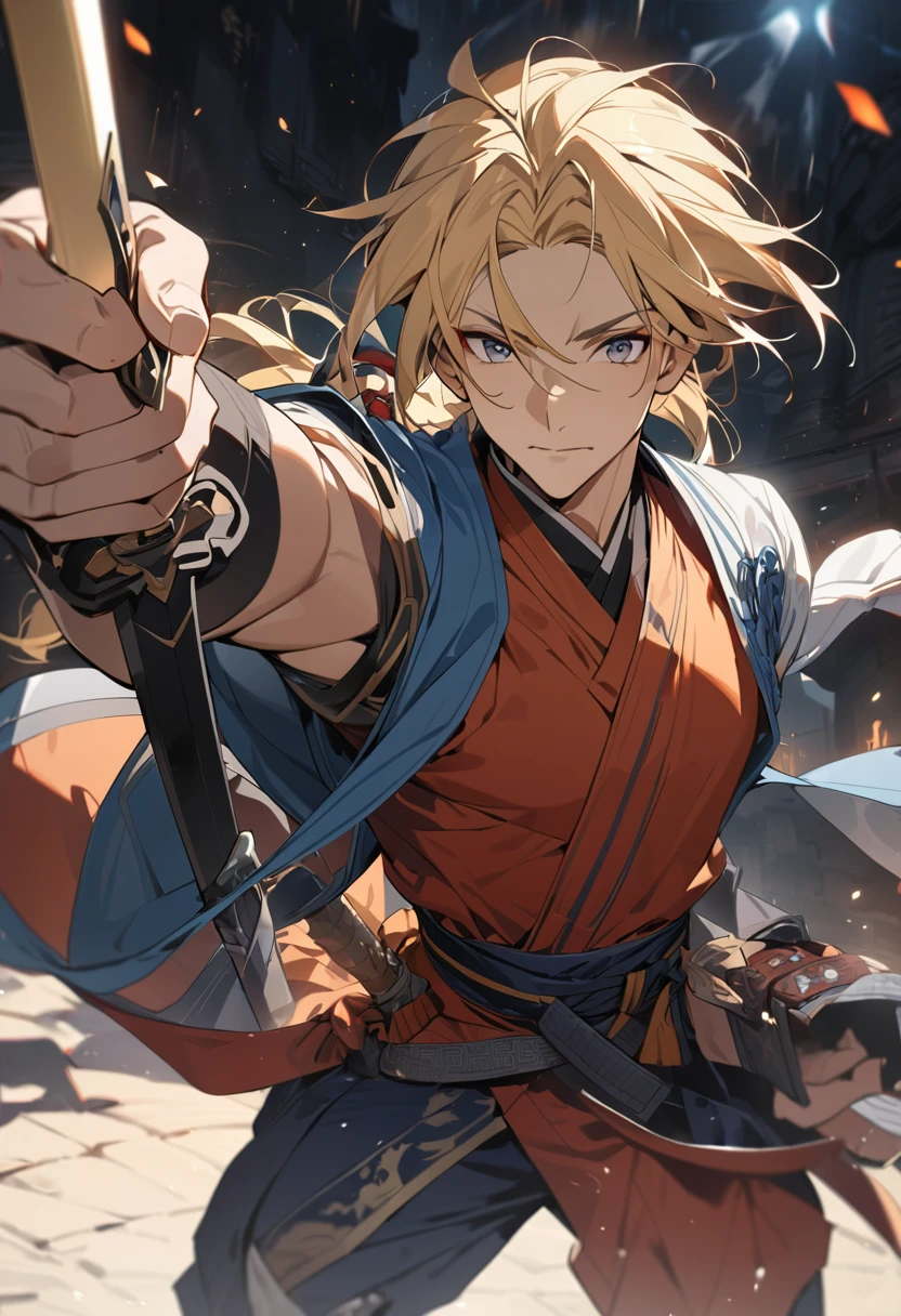 超High resolution,masterpiece,Awards,Highest quality,High resolution,8k,Attention to detail,(male:1.6),Perfect Face,long黒髪,ancient chinese hair ornaments,Blonde Hair Accessories,(Facing the lens:1.4),(sword on hand:1.5),Handheld scabbard,ancient chinese robes,martial arts,Outlaw Star,Armor,Jump up,There's a dragon behind,Chinese Dragon,patron saint,背景にはMountainと木々,Mountain,Pavilion,pine tree,Bright sky,White cloud,Cloudy,long,,ancient oriental architecture,Ancient Chinese architecture,