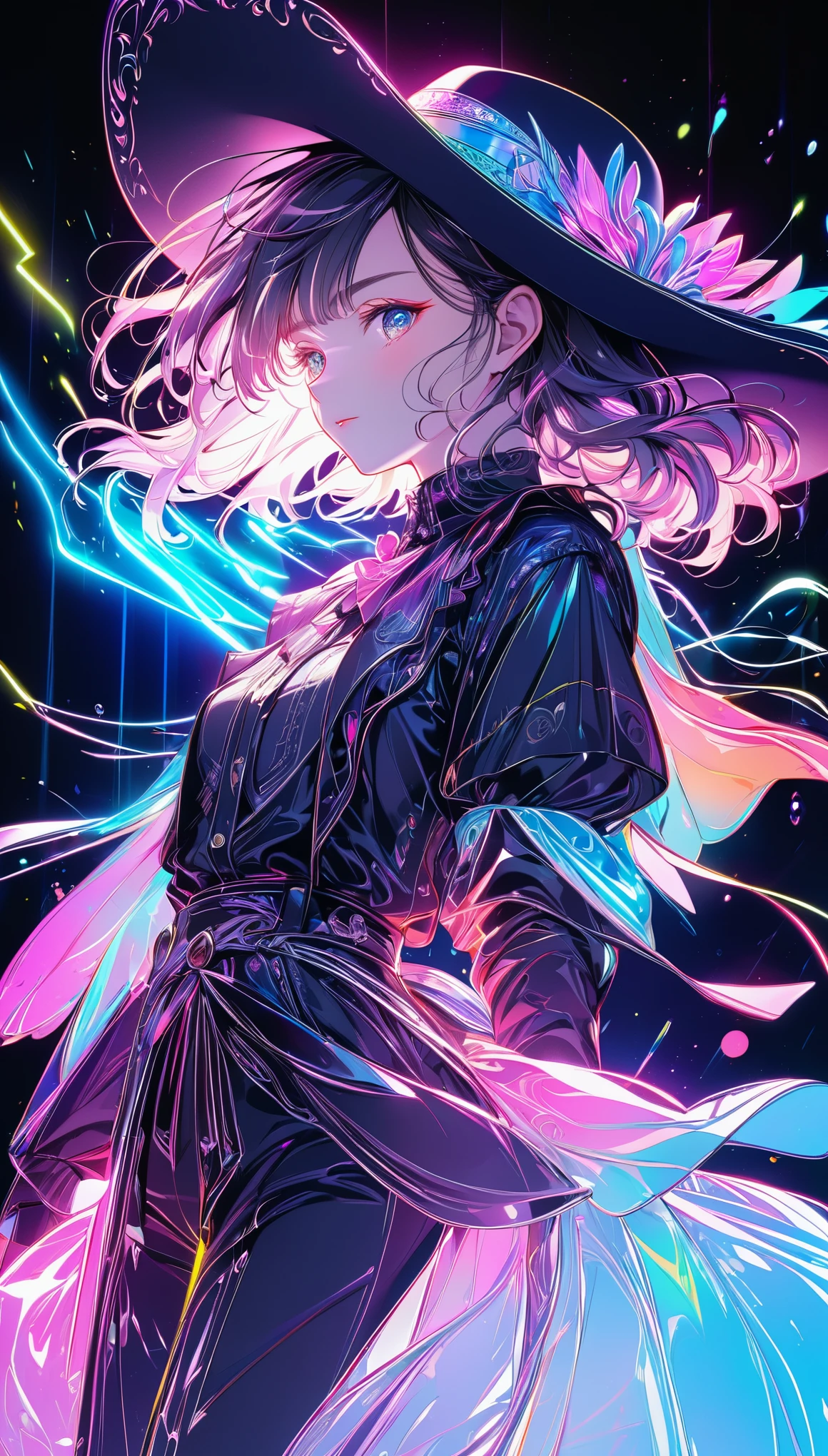 line art, iridescent neon light effect, western cowboy, 2.5D, delicate and dynamic