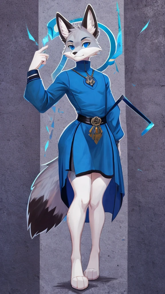 e621, grainy, symmetric, upper body, bright colorful Navy blue eyes, markings, furry male, body fur, anthro Fox, solo, Cartoon, detailed, Gray fur, Thicc thighs, Wide hips, Slim waist, Slim shoulders, Large butt, Calm face, wearing Blue Tunic with White accent, Monochromatic colors, Menacing, Femboy flat-chested, super flat-chested, solo femboy, just a femboy ((flat-chested))