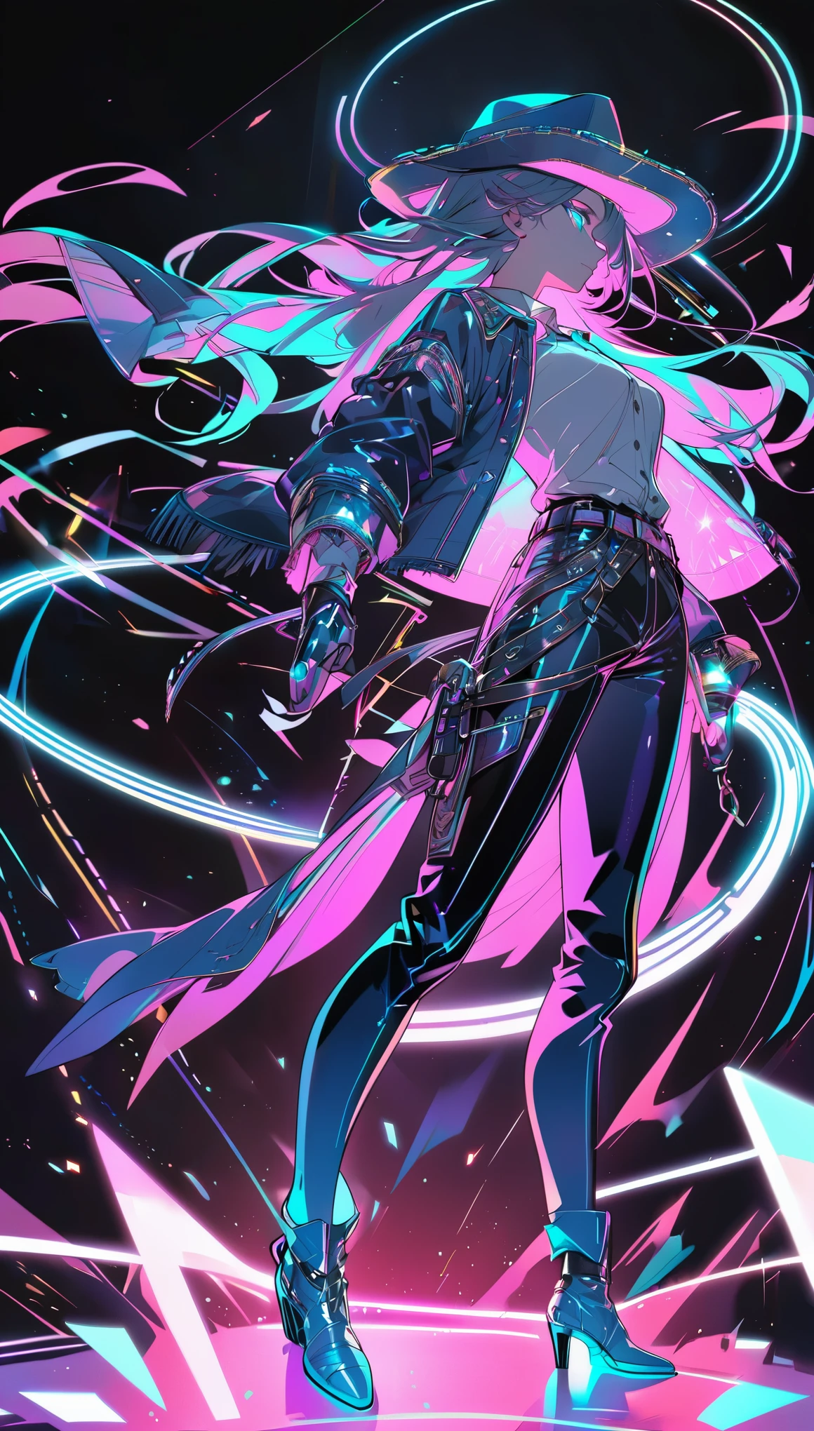 line art, iridescent neon light effect, western cowboy, 2.5D, delicate and dynamic