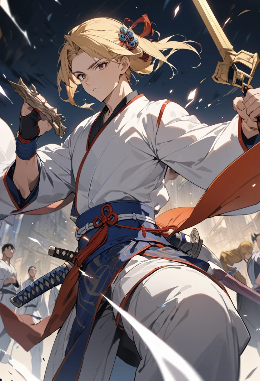 超High resolution,masterpiece,Awards,Highest quality,High resolution,8k,Attention to detail,(male:1.6),Perfect Face,long黒髪,ancient chinese hair ornaments,Blonde Hair Accessories,(Facing the lens:1.4),(sword on hand:1.5),Handheld scabbard,ancient chinese robes,martial arts,Outlaw Star,Armor,Jump up,There's a dragon behind,Chinese Dragon,patron saint,背景にはMountainと木々,Mountain,Pavilion,pine tree,Bright sky,White cloud,Cloudy,long,,ancient oriental architecture,Ancient Chinese architecture,