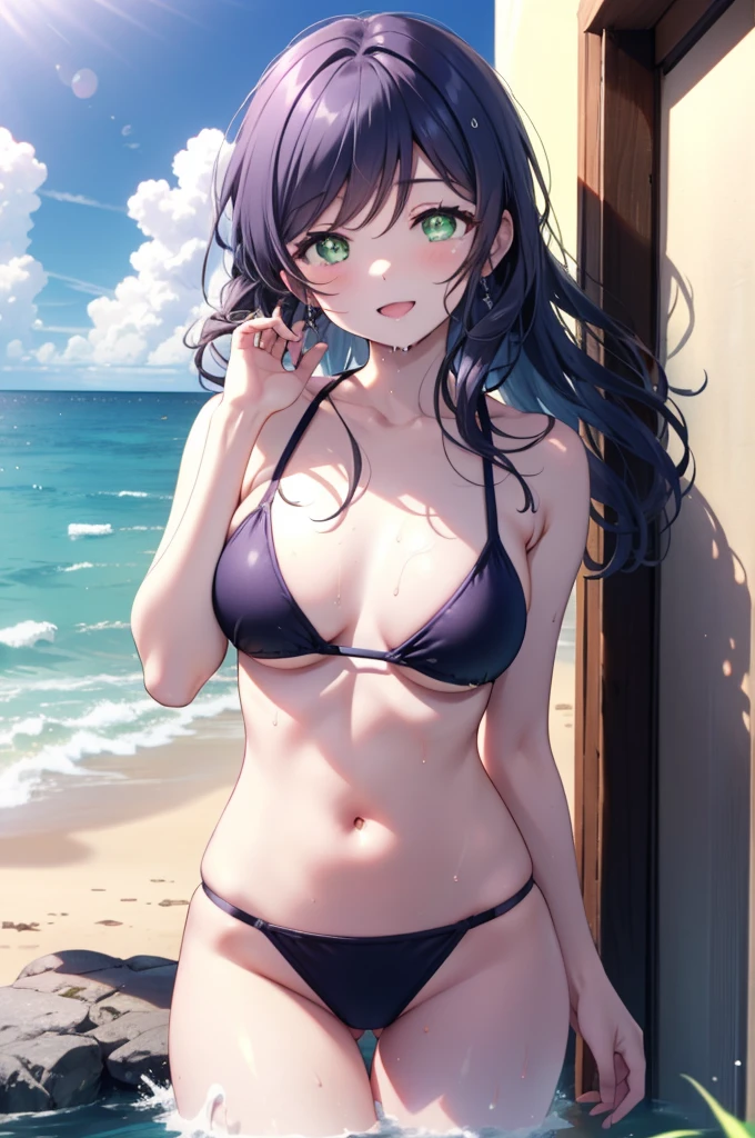 nozomitoujou, Nozomi-san always, (Green Eyes:1.5), Purple Hair, Long Hair, (Large Breasts:1.2),smile,Open your mouth,Purple bikini swimsuit,barefoot,Water Play,Wet Skin,Wet Hair,Wet swimsuit,True Summer,透明なOcean,Daytime,Clear skies,whole bodyがイラストに入るように,
break looking at viewer,whole body (Cowboy Shot:1. 5)
break indoors,Ocean, Beach,Sandy Beach,
break (masterpiece:1.2), Highest quality, High resolution, unity 8k wallpaper, (figure:0.8), (Beautiful attention to detail:1.6), Highly detailed face, Perfect lighting, Highly detailed CG, (Perfect hands, Perfect Anatomy),