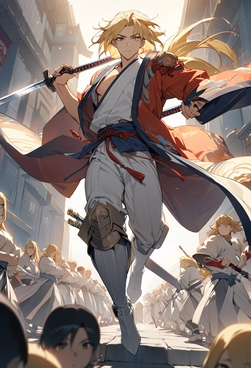 超High resolution,masterpiece,Awards,Highest quality,High resolution,8k,Attention to detail,(male:1.6),Perfect Face,long黒髪,ancient chinese hair ornaments,Blonde Hair Accessories,(Facing the lens:1.4),(sword on hand:1.5),Handheld scabbard,ancient chinese robes,martial arts,Outlaw Star,Armor,Jump up,There's a dragon behind,Chinese Dragon,patron saint,背景にはMountainと木々,Mountain,Pavilion,pine tree,Bright sky,White cloud,Cloudy,long,,ancient oriental architecture,Ancient Chinese architecture,