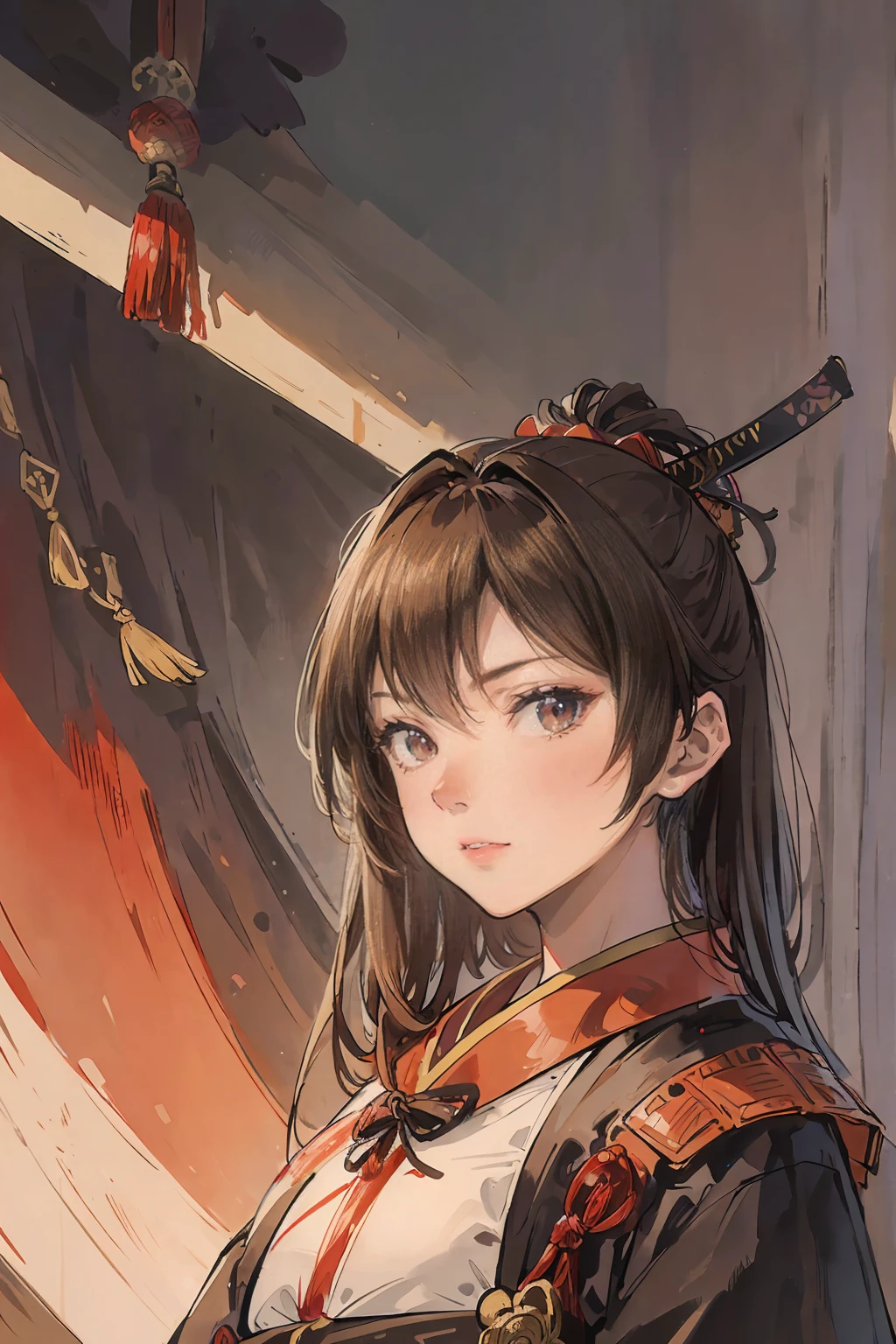 Ninjagirl, a brown haired , wearing a red samurai armor, long hair, fasion hair, samurai armor, slim body, shirt ornament, hakama, tall 165cm, 22yearold, samurai, katana, female, beautiful, sexy, vilian face