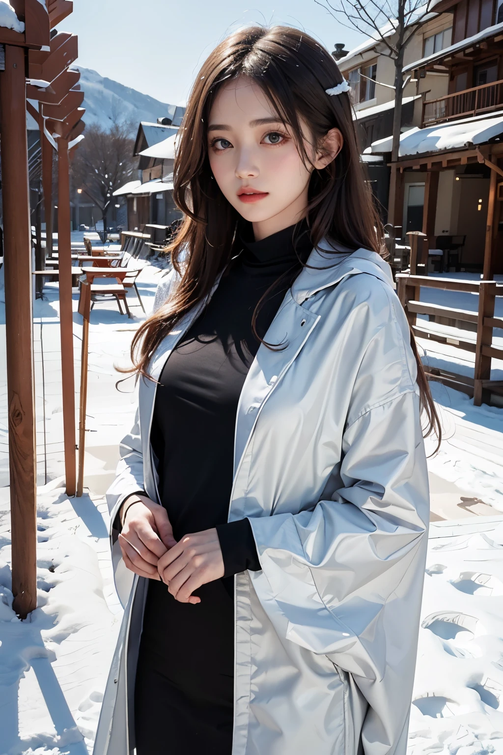 photorealistic, masterpiece, photorealistic, high resolution, jewelry,Especially a thin beautiful girl,Cape Fuuka,snow,kazehama,Beautiful girl standing alone,Are thin,Small breasts,Fine snow falling on a clear day,An ordinary beautiful girl,Disappointed Mature Woman,Almost flat bust,