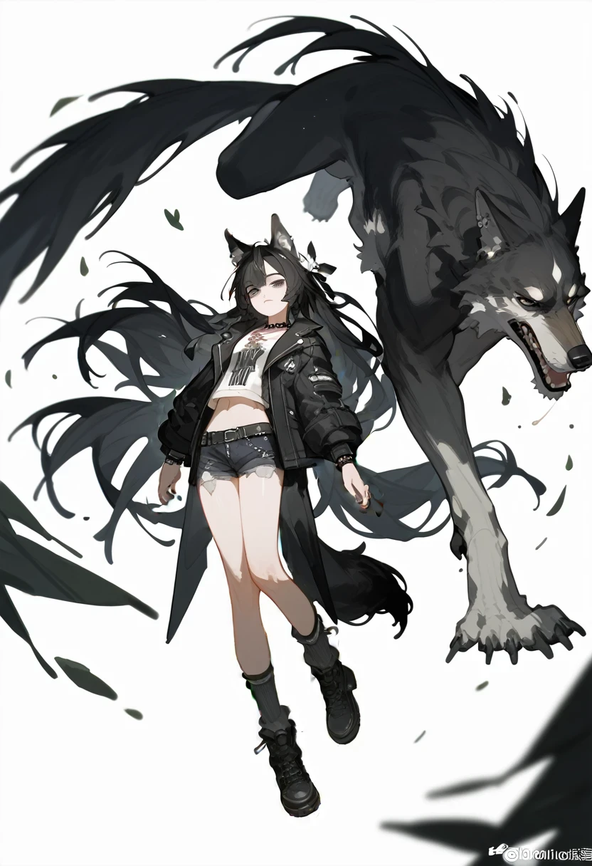 (masterpiece:1.2), (best quality:1.3), 1 Girl, Black Hair,Long hair,Wolf ears wolf tail, black eyes, Tooling，Black coat，Punk style，Long socks，whole body