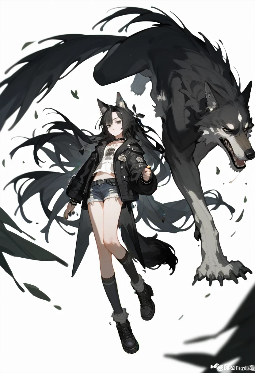 (masterpiece:1.2), (best quality:1.3), 1 Girl, Black Hair,Long hair,Wolf ears wolf tail, black eyes, Tooling，Black coat，Punk style，Long socks，whole body