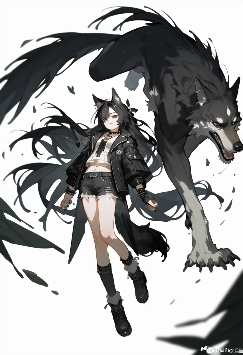 (masterpiece:1.2), (best quality:1.3), 1 Girl, Black Hair,Long hair,Wolf ears wolf tail, black eyes, Tooling，Black coat，Punk style，Long socks，whole body