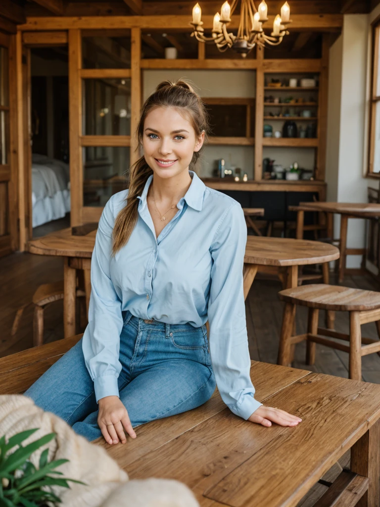 her name is Olivia, high quality, 1girl, ((27-year-old fit Caucasian woman)), ((27 years old)), ((BODY TYPE: HOURGLASS)), ((Ponytail HAIR)), ((EYE COLOR: Light blue)) pose: SITTING, wearing Casual Shirt and Short Generation-Z modern wear VARIETY colored, BACKGROUND: " A rustic lodge nestled in the forest, with a roaring fire and wooden tables."