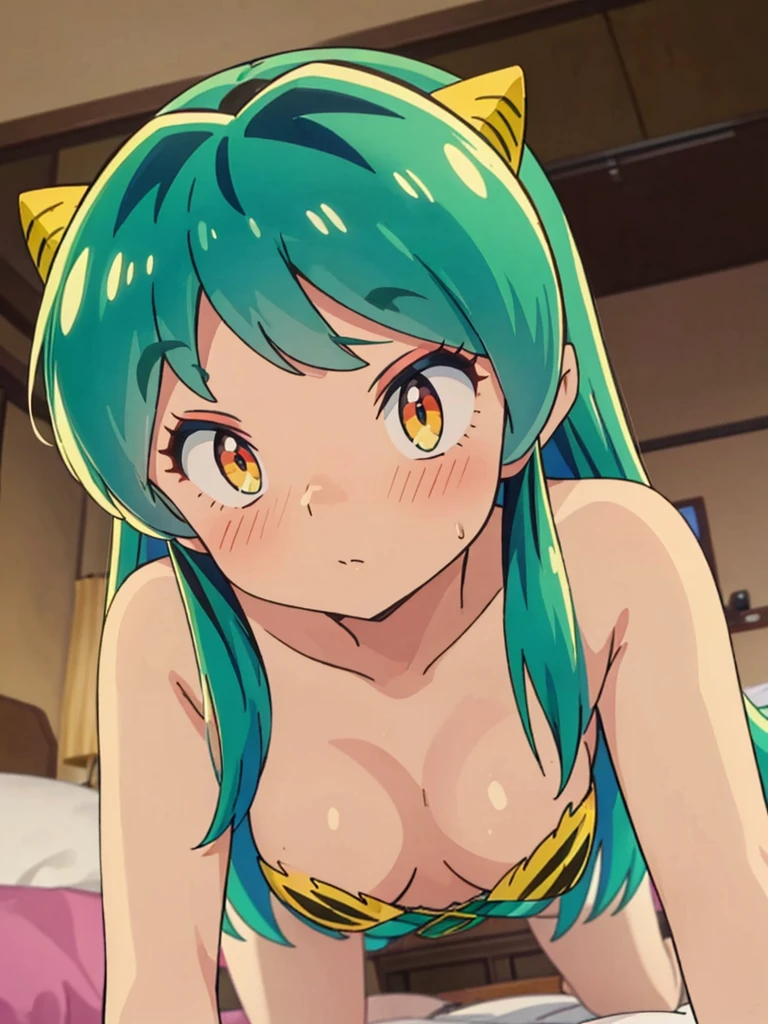 masterpiece, Highest quality, 1 Girl, Lum、比基尼, nose blush, mature, 18-year-old, 、On all fours、Watching the audience、From below,  From before, anime, sexy、 High definition,  to point at, Bedroom, Green Hair, Hand up