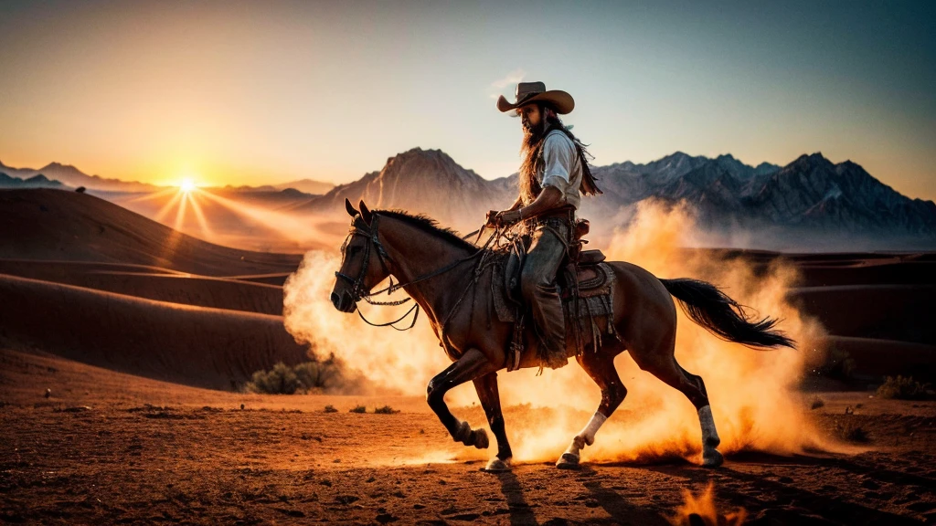 cowboy riding horse through wild west desert, indian village, muscular man, detailed face, tanned skin, rugged, cowboy hat, lasso, campfire, mountains, sunset, cinematic lighting, muted colors, cinematic, highly detailed, 8k, photorealistic
