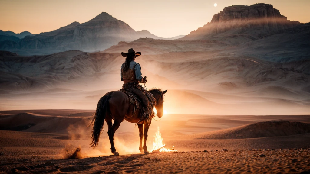 cowboy riding horse through wild west desert, indian village, muscular man, detailed face, tanned skin, rugged, cowboy hat, lasso, campfire, mountains, sunset, cinematic lighting, muted colors, cinematic, highly detailed, 8k, photorealistic
