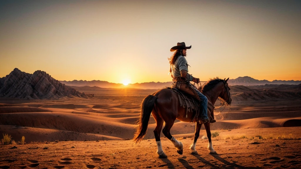 cowboy riding horse through wild west desert, indian village, muscular man, detailed face, tanned skin, rugged, cowboy hat, lasso, campfire, mountains, sunset, cinematic lighting, muted colors, cinematic, highly detailed, 8k, photorealistic