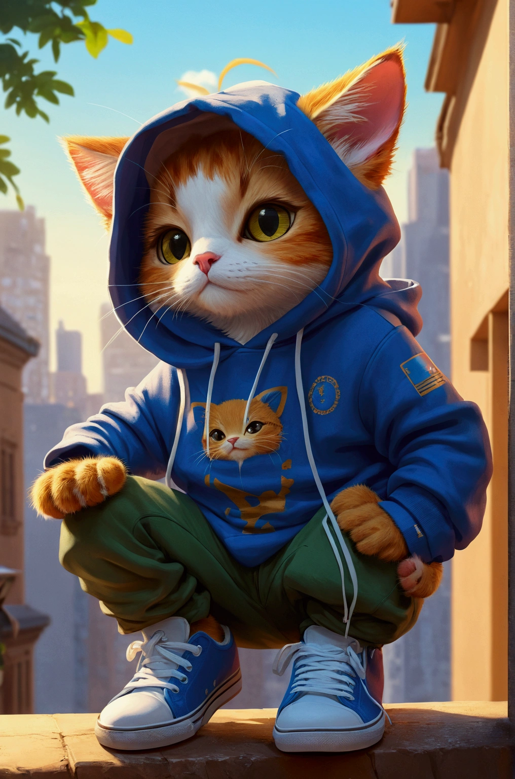there is a cat with a hoodie and sneakers on sitting on a ledge, wojtek fus, adorable digital painting, furry character portrait, digital painting highly detailed, fursona wearing stylish clothes, cute detailed digital art, furry character, ross tran 8 k, g cgsociety, [ trending on cgsociety ]!!, 🌺 cgsociety, furry digital art, ross tran style