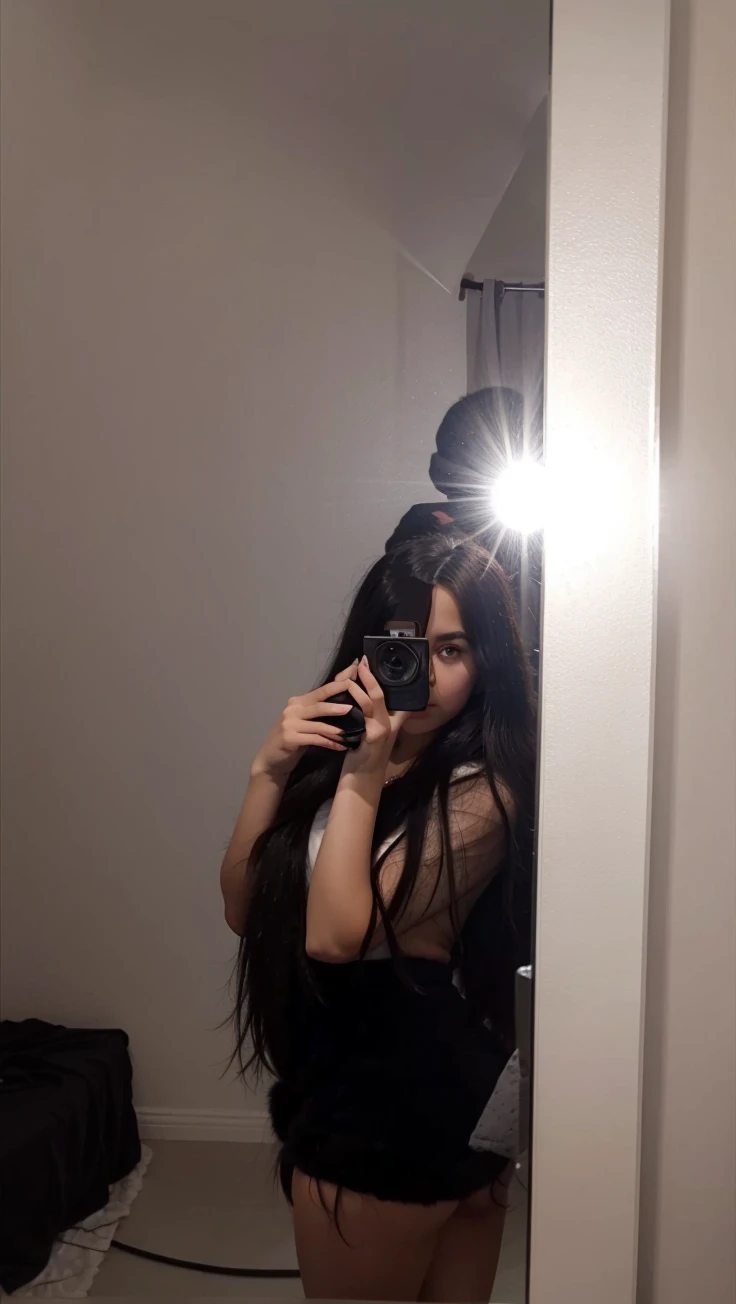 age girl taking photo in a mirror Long hair, black fur, falda