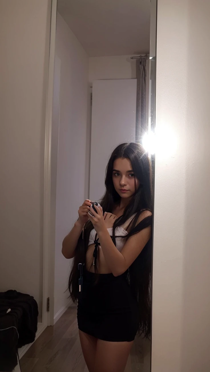 girl taking photo in a mirror Long hair, black fur, falda