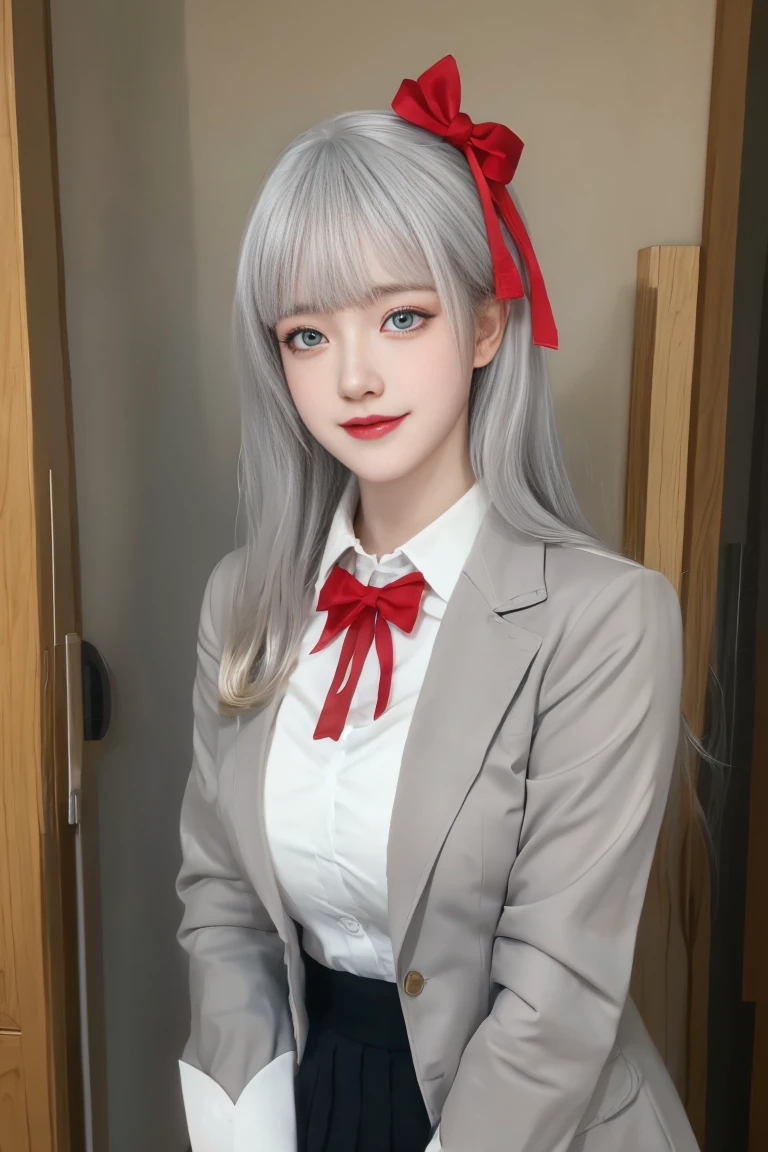 ulzzang-6500-v1.1,(raw photo:1.2),((photorealistic:1.30)), ((best quality)) ,((masterpiece)),((Ultra High Resolution)), ((Clear View)),,Ultra-high resolution,Clear face,（Reality：1.4) ,  illustration, an extremely delicate and beautiful, extremely detailed ,CG ,unity ,8k wallpaper, Amazing, finely detail, masterpiece,best quality,official art,extremely detailed CG unity 8k wallpaper,absurdres, incredibly absurdres, huge filesize, ultra-detailed, highres, extremely detailed,beautiful detailed girl, extremely detailed eyes and face, beautiful detailed eyes,light on face,cinematic lighting, 1girl, 独奏, bangs, alya(roshidere), (white hair:1.3), long hair, bangs, Blue eyes, hair ribbon, ahoge, (red ribbon:1.3), skirt, shirt, long sleeves, bow, , jacket, white shirt, pleated skirt, collared shirt, bowtie, black skirt, red bow, red bowtie, blazer, (grey blazer:1.3), long sleeves, upper body view, smile,