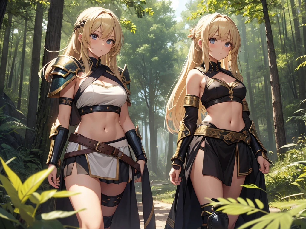 ((1 woman in medieval armor)),((nude pussy)),((in a forest)),((dirty look, embarrassed face)),((with lots of bubian hair)),((yellow hair with sex, gray eyes)),((facing the viewer, legs open showing pussy, with a sword on the back)),
