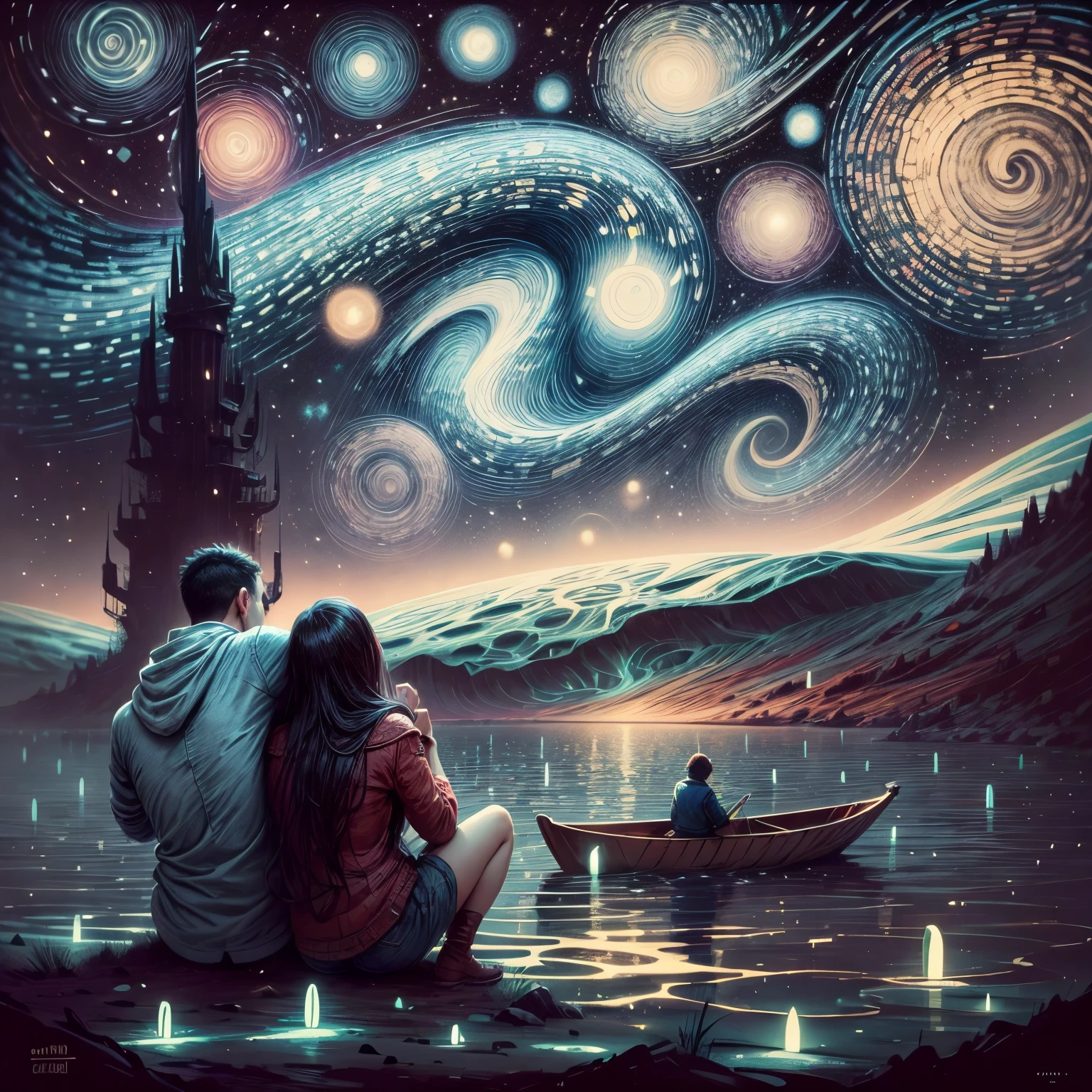 starry night painting of two people in a boat on a lake, james r. eads, van gogh art style, in the starry night, in style of van gogh, style of van gogh, van gogh style, starry night, by Van Gogh, style of van gogh starry night, van gogh painting, anton fadeev and dan mumford, floating among stars