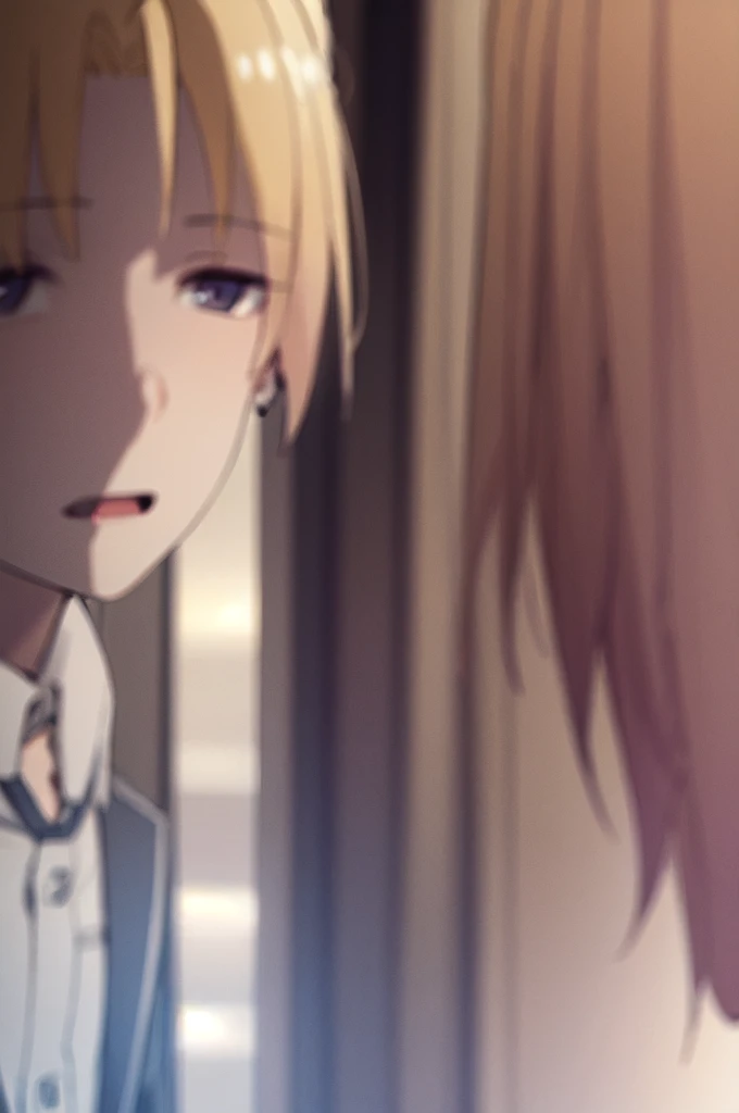 Masterpiece, best quality, 1boy, upper body, necktie, (black ear piercing), open mouth, simple backround, blonde hair, expressionless, short hair, jacket, looking at viewer