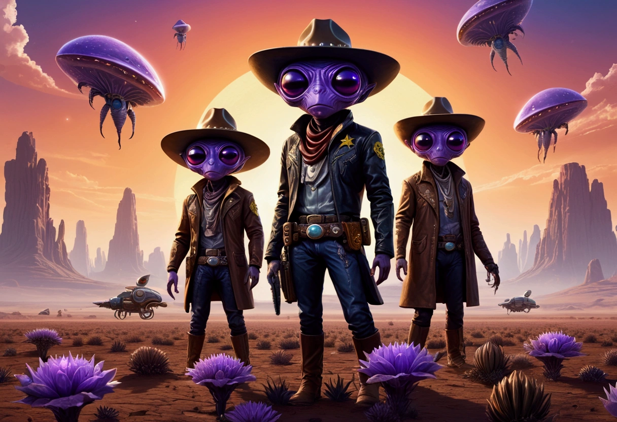 Alien cowboys (lean, big head, huge dark eyes, cowboy outfit, ray guns) are riding on crystalline beetles, alien plains with strange plants, violet skies, 2 suns
