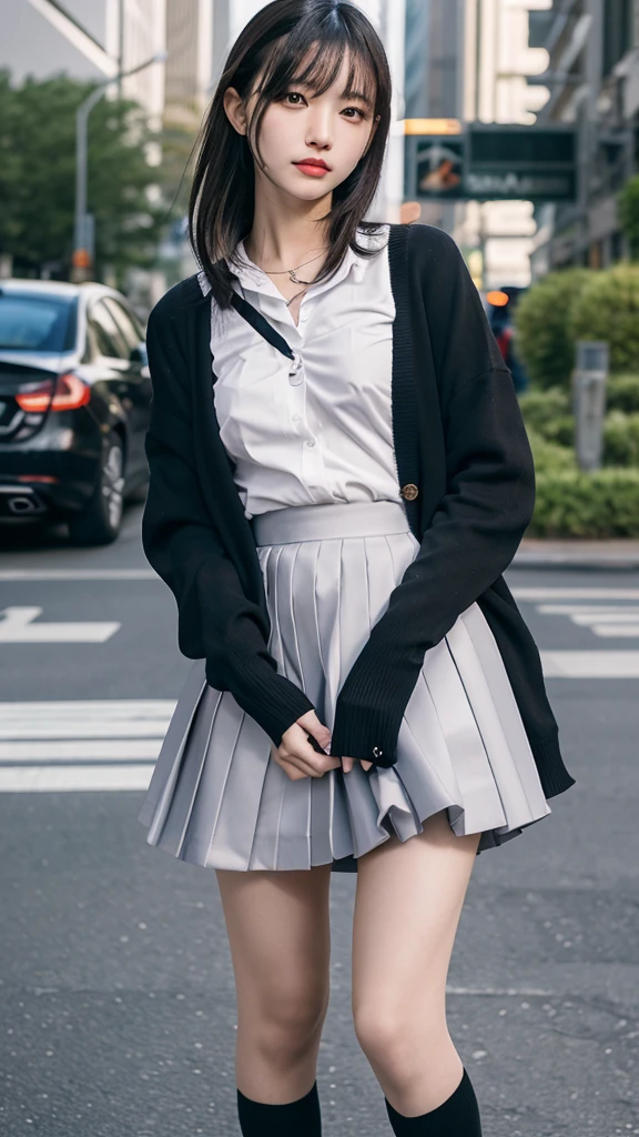 High quality, Ultra detailed, best quality, insanely detailed, beautiful, masterpiece、8k、nsfw、spread pussy、upskirt、skirt lift、skirt lift by myself、((show off pussy1.4))、pubic hair、pussy focus、public indecency、((from below:1.3))、looking at viewer、spread pussy、bottomless、cinematic lighting、、black cardigan、clothed、city