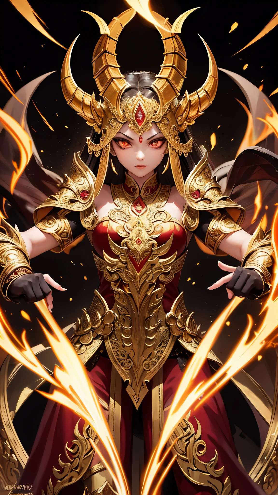 Create a highly detailed and dramatic image of a mythological Thai demon, dressed in intricate golden armor with a fierce expression. The demon should have sharp fangs, dark fur, and glowing eyes, showcasing traditional Thai artistic elements in its design.