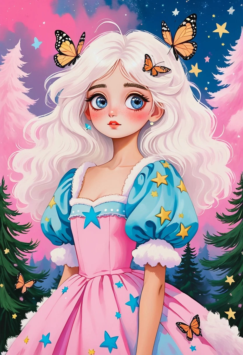 Rafael Silveira Collage Painting：Girl Portrait，Big eyes with stars in them，White fluffy hair，There is a pine tree on my shoulders，Puff sleeve princess dress，Butterflies in the sky，Luminescence，Soft pink，Solid color background