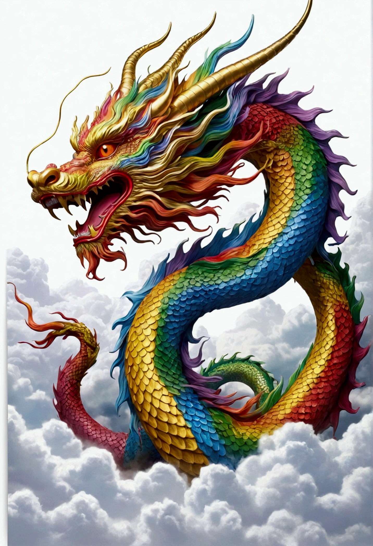 flag、masterpiece、(White Background:1)、Rainbow colored Japanese dragon surrounded by white clouds、god々々Hello、Wind、god々、Long undulating body、tooth、Upper body、Fantasy、god話、high quality、Very detailed、masterpiece、amazing、Particle Effects、Dynamic Effects