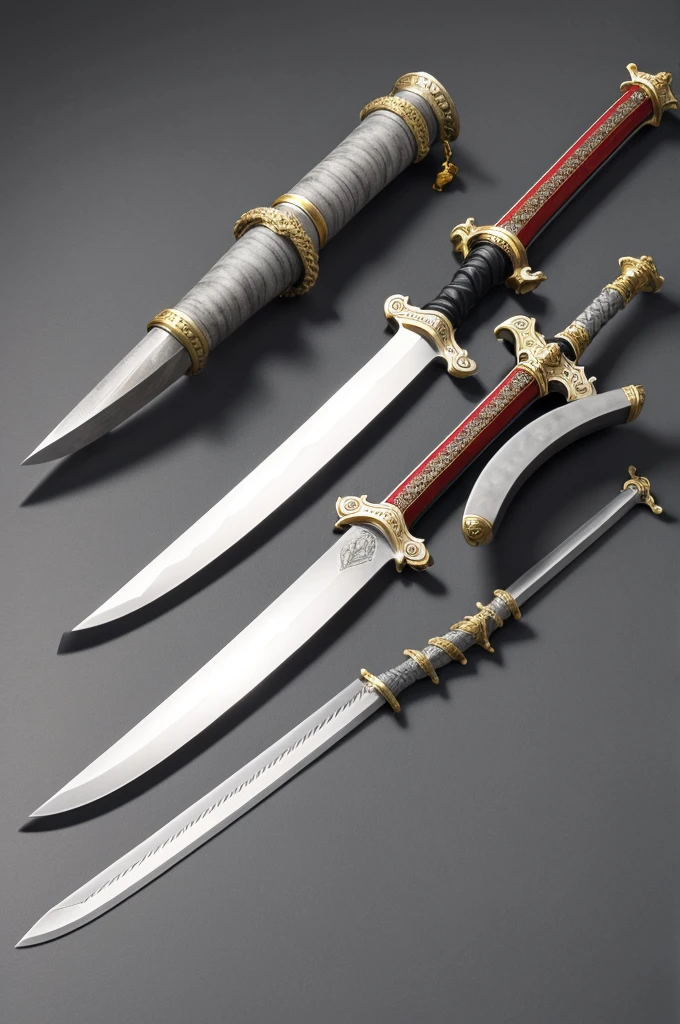 A sword with a gold blade, red fuller, grey cross guard, black grip, and a white pommel.