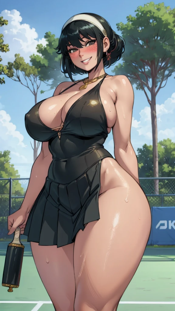 yor, (detailed lighting, extremely detailed skin, extremely detailed hair, shadows, 8k), looking at viewer, (High Key Lighting); black hair,d, fit figure, (Grinning smile) ,(((blush))))), ((large udder)) ,((naked)),sweating, Mom, milf, thicc thighs, lubricant skin groin area, sweaty body, big eyes , wide bold lips, outside tennis court , beautiful sky , angle from below , voluptuous curvy body , super realistic skin, super detailed face, short hair , attractive long legs, huge breasts with deep cleavage , simple gold necklace ,(low-rise pleated skirt) , perfect abs , thick calves, sweaty body, attractive smile, cheek blushed , photorealistic, 8k, ultra realistic.