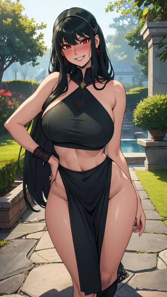 melhor qualidade:1.3), (qualidade 4K), good composition, green glowing light, full body, head rest, lips, (pretty face, low-tied long hair, ((red_eyes:1.3)), (day:1.2),yor, Grinning smile) ,(((blush))))), (detailed lighting, extremely detailed skin, extremely detailed hair, shadows, 8k), looking at viewer, (High Key Lighting), jewelry, large_, huge breastsng breast,,mature,wet, , g towel, entrance, garden, hands to hips