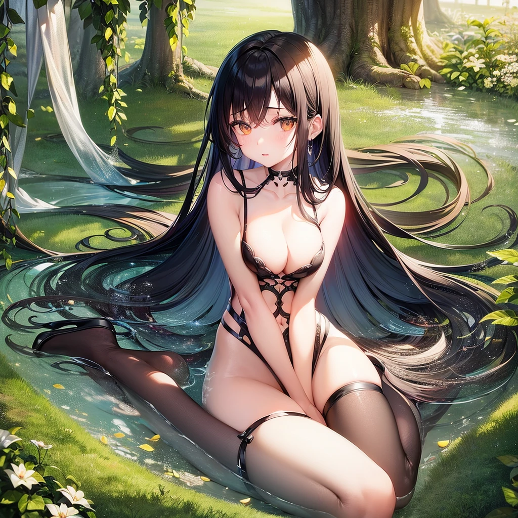 ((RAW Photos)), ((masterpiece)), (A 17-year-old young woman who is an anthropomorphic plant.,One person:1.3), (Full Body:1.2),Intricate details, View your viewers, beautiful, Fine eyes and lips,White background,Fantasy,Perfect Face, (1 girl),Big shiny clear golden eyes,Long black hair tied up,Erotic perspective,shy,Fantasy,beautiful表情,Detailed facial expressions