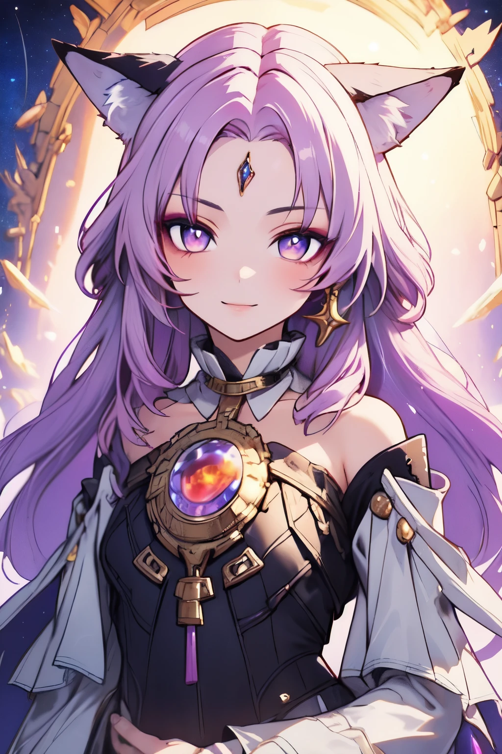 ((best quality)), ((masterpiece)), (detailed), detailed eyes, detailed hands, body image from the waist to above and over her head, humanoid kitsune, starry crystal crown on top of head, light purple hair, light purple fox ears, starry eight-point crystal star on forehead, delicate and beautiful detailing, beautiful face, well-proportioned detailed eyes, round detailed eyes and makeup, beautiful detailed and clear eyes, volume smooth and sharp, long flat bangs, fictional art, best photos, best quality, best photos, very beautiful and meticulous starry eight-point crystal star shape on forehead, delicate, mouth closed smile, not fully smiling, starry background