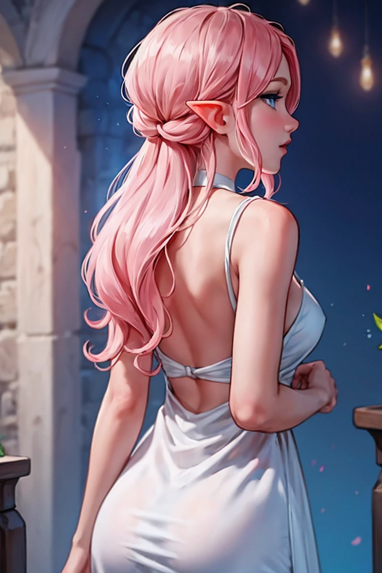 Woman, long wavy hair, pink hair, blue eyes, elf, back, white dress, party background, delicate , Hair tied up , elf