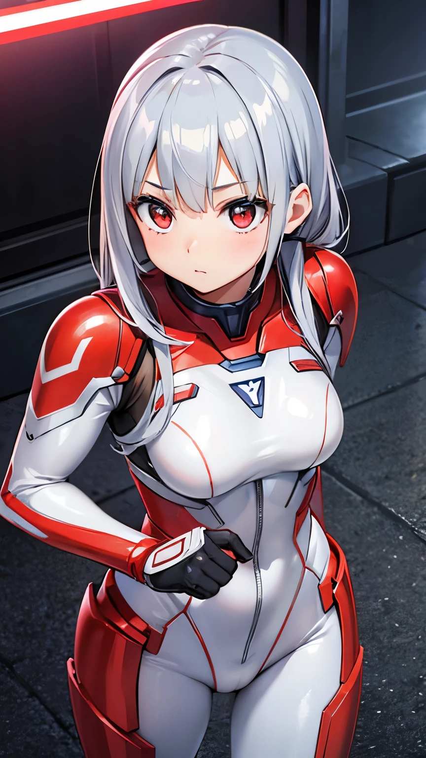 Ultraman、Realistic、Realistic、Cinema Lighting, Girl in shiny red and silver suit、15 years old、Professional photos、Don'Do not expose your skin, Japanese Model, japanese cgi、Ultraman Suit、, Power Rangers Suit、Tight and thin cyber suit,The whole body is rubber、There's pink There、 Delicate body, Big Breasts、Small Ass、Thin thighs、Thin arms、Narrow waist、Camel Toe、Both sides of the cybersuit fit snugly against the skin.、Big eyes、Black short hair、Look forward、Look forward立っている、A glowing sphere is embedded in his chest..、Essay exam、 Blue sky background