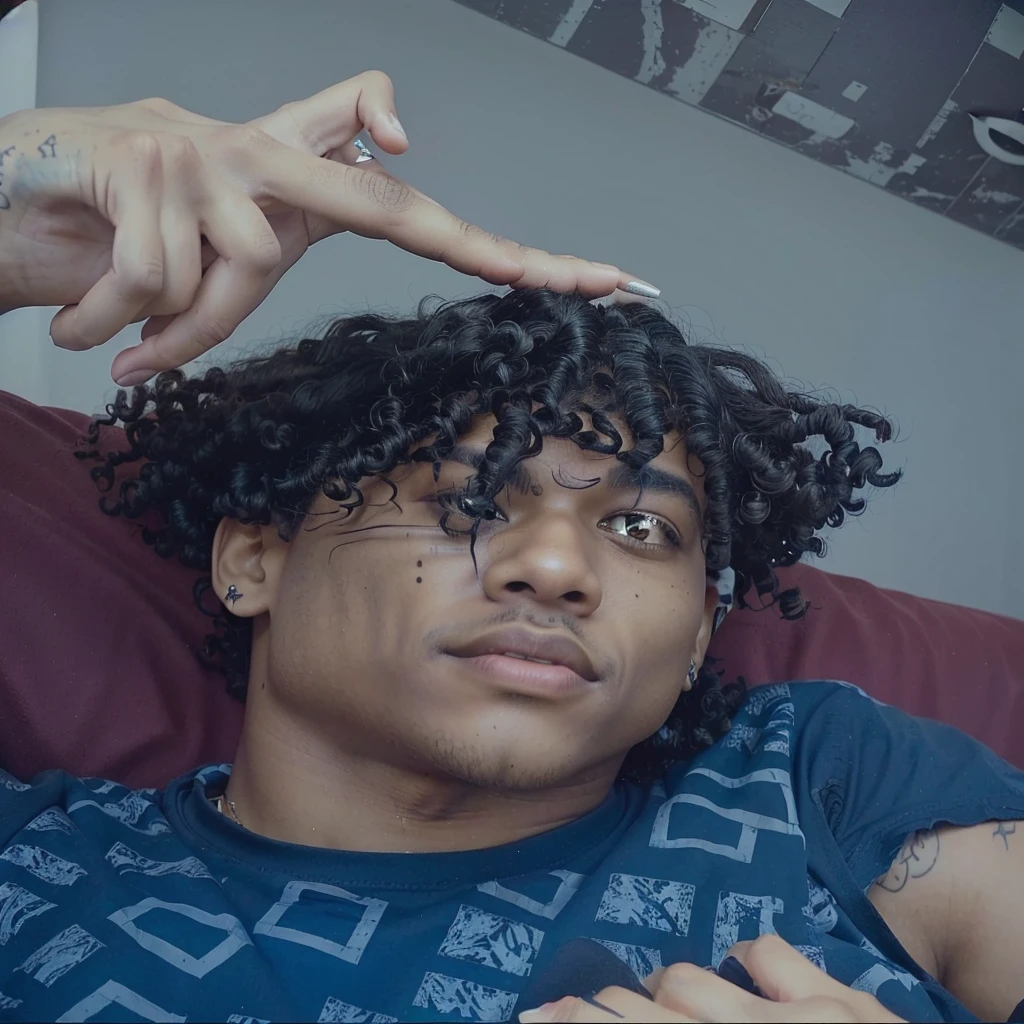 there is a man with a black wig and a finger pointing at something, curls on top of the head, xxxtentacion, in style of tyler mitchell, taken at the beginning of 2020, red trippie, photo in style of tyler mitchell, with haunted eyes and curly hair, with afro, he has dark gray hair, he has short curly brown hair