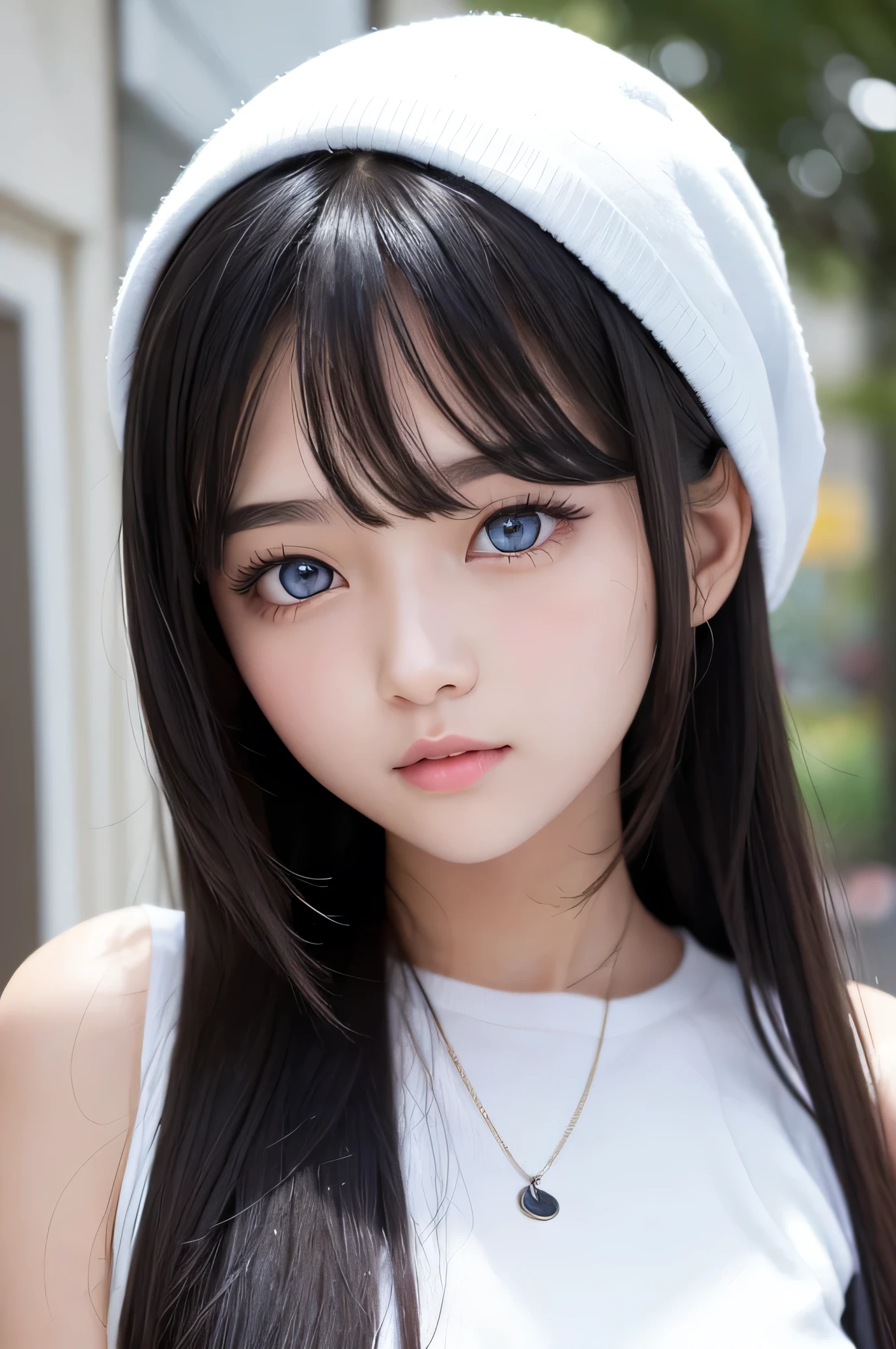 ((super high quality)), ((masterpiece)), gnome girl, Low length, ((Black-haired woman, Long Hair)), (Silver earrings), (Silver necklace around the neck), (Beautiful cute face), (Beautiful female lips), charm, ((Sexy look)), Looking into the camera, eyes are slightly closed, (Skin color: white), Body glare, ((Beautiful female eye detail)), ((Dark blue eyes)), (Juicy female lips), (Beautiful female hands), (slightly plump figure, good), ((Perfect female figure)), Perfect female body, Beautiful waist, Gorgeous Hips, beautiful medium-sized breasts, ((Delicate and beautiful)), Sit seductively in a chair (Face close-up), (Wearing black face jeans, white tanktop) background: In the kitchen ((Written boundary depth)), ((High quality and clear images)), (Sharp details), ((Very detailed)), Realistic, Professional photography session, ((Clear focus)), anime