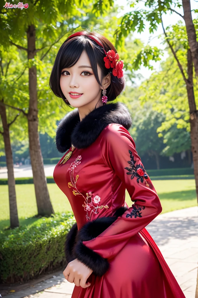 (masterpiece:1.4), (best quality:1.4), ultra high res, ultra high resolution, ((detailed facial features)), HDR, (realistic, photorealistic, photo-realistic:1.37), full body, sexy Vietnamese model, (-anime), only 1 model, vivid colors, very short hair, (beautiful smile), lip-gloss, long lashes, defined eyebrows, wearing large sparkling colorful jewelery, wearing a red silk Paradise Kiss cosplay dress with black floral embroidery, ((long fur vivid colors outfit)), vivid colors, look at the camera, cinematic light, large park background with trees, sweet and sexy pose