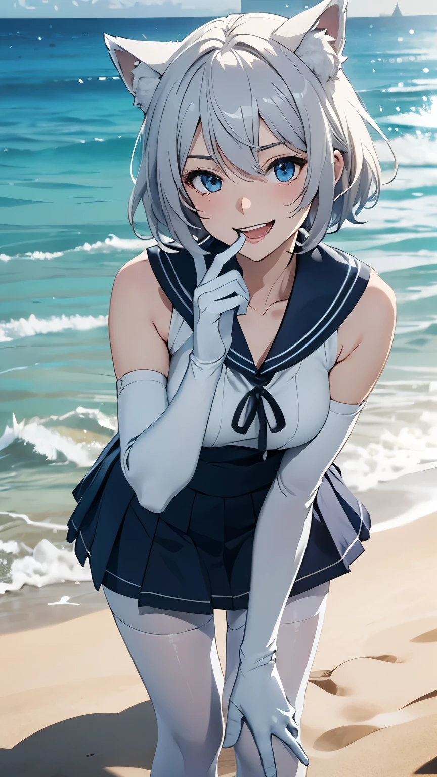 Tabletop High resolution Best image quality 8k Adult female Anime Style White long gloves(Elbow Gloves) White Sailor Suit(Sleeveless) mini skirt White Pantyhose White wolf ears short hair((Shortcuts)(Gray Hair)(Perm)(fluffy)) blue eyes Attractive face((Laughter)(smile)(Open your mouth)) Are standing Place your hands on your knees Sandy Beach